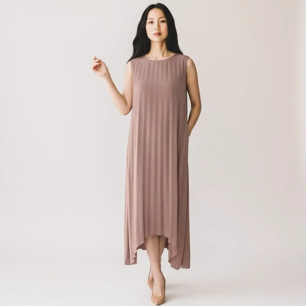 ELLIE MAKIR MIDI PLEATED DRESS MODEST HIGH-LOW HEM WOMEN SIZE LARGE - Picture 15 of 15
